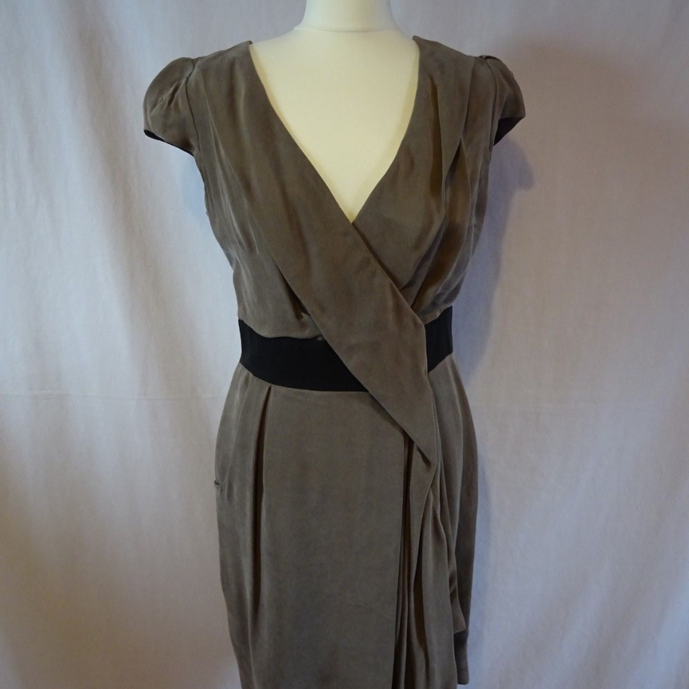 Karen Millen Taupe Cupro Draped Midi Dress- Size 10